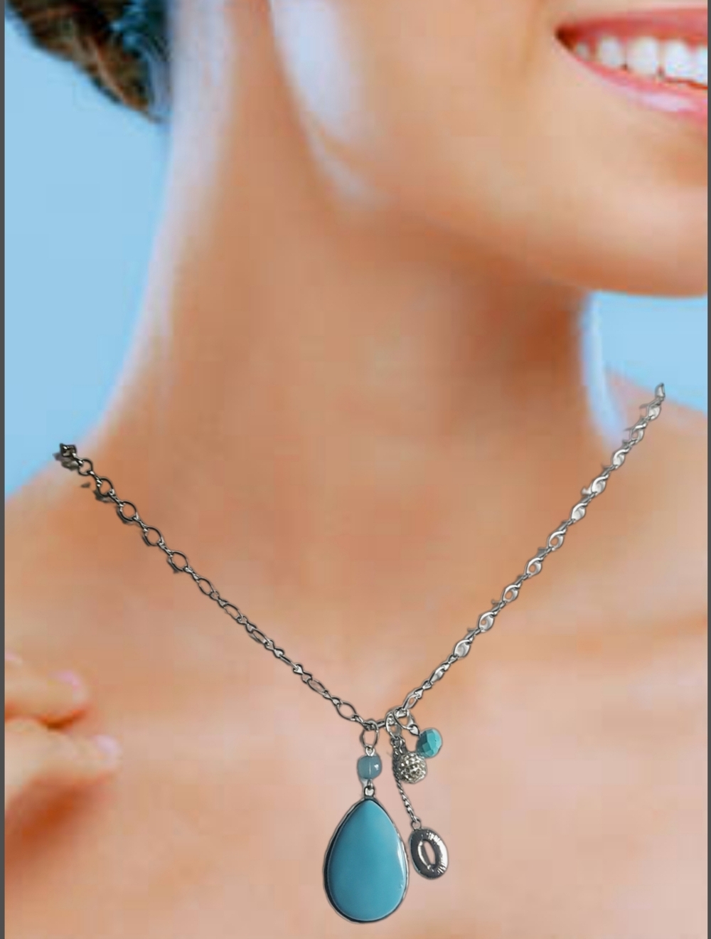 Dauplaise Silver Tone Chain Necklace w/ Faux Turquoise and Leather Necklace. NWT